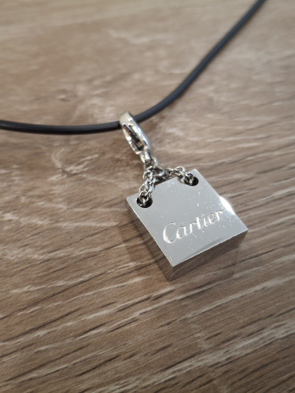 Mini Shopping Bag Charm Cord Necklace Silver Tone Novelty